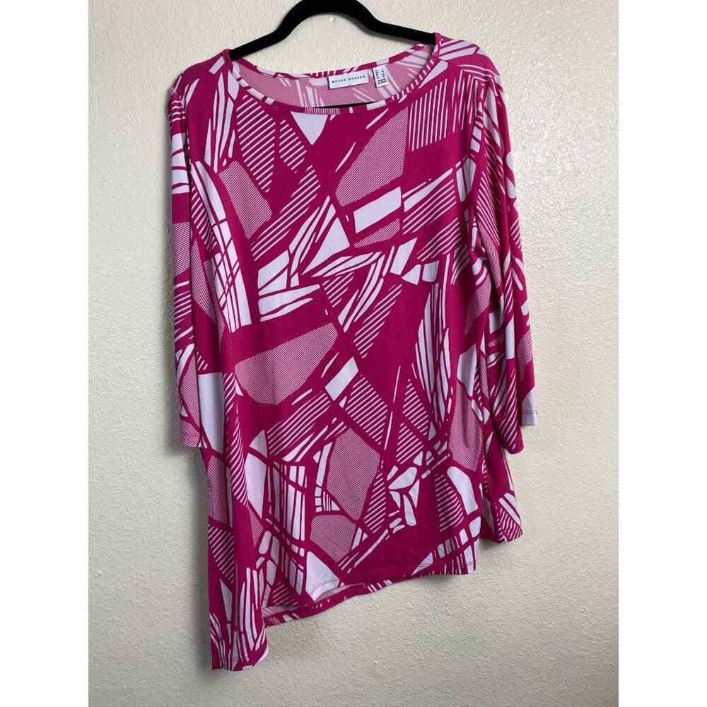 Susan Graver Pink White Geometric Asymmetrical Hem Top Size Large Liquid Knit